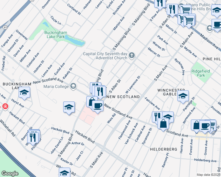 map of restaurants, bars, coffee shops, grocery stores, and more near 101 Winnie Street in Albany