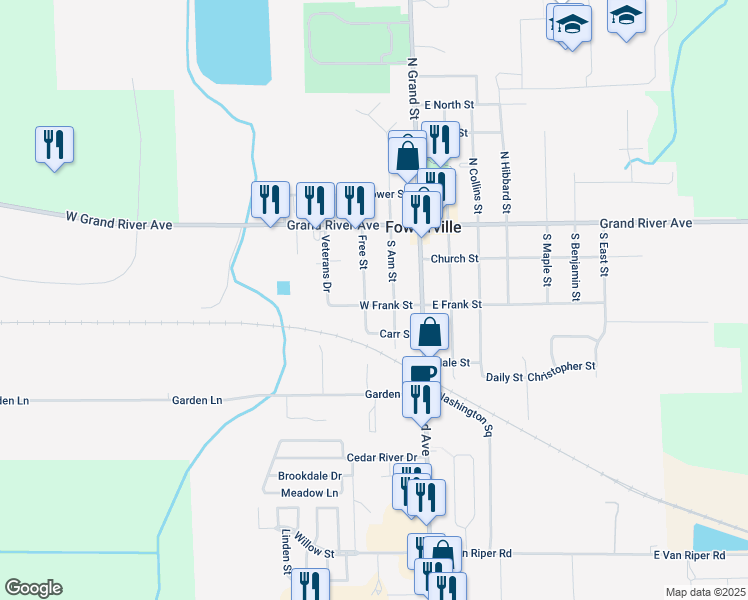map of restaurants, bars, coffee shops, grocery stores, and more near 233 Free Street in Fowlerville