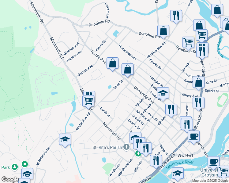 map of restaurants, bars, coffee shops, grocery stores, and more near 61 Shea Street in Lowell