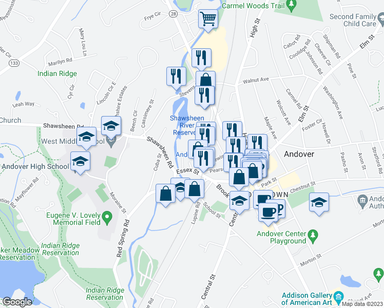 map of restaurants, bars, coffee shops, grocery stores, and more near 81 Gradall Lane in Andover