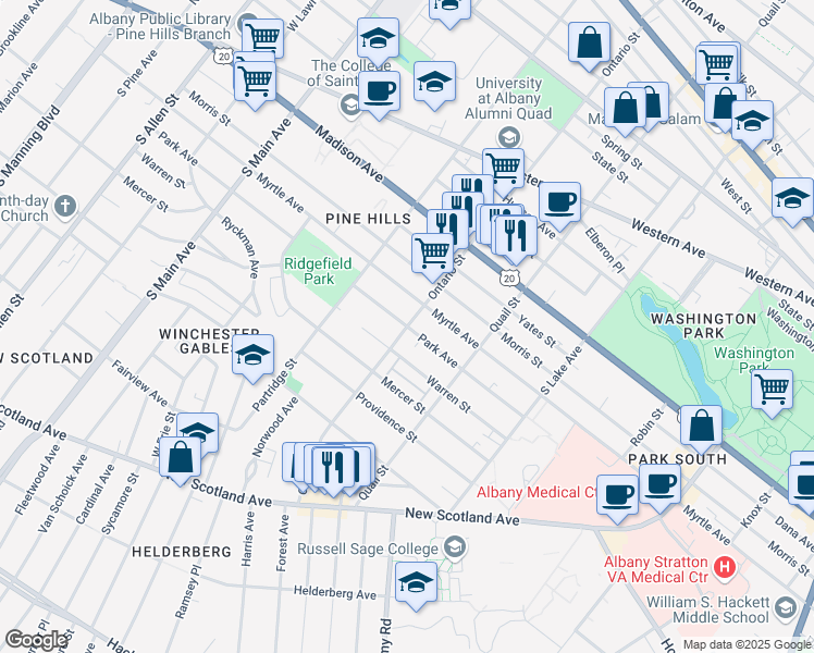 map of restaurants, bars, coffee shops, grocery stores, and more near Ontario Street & Park Avenue in Albany