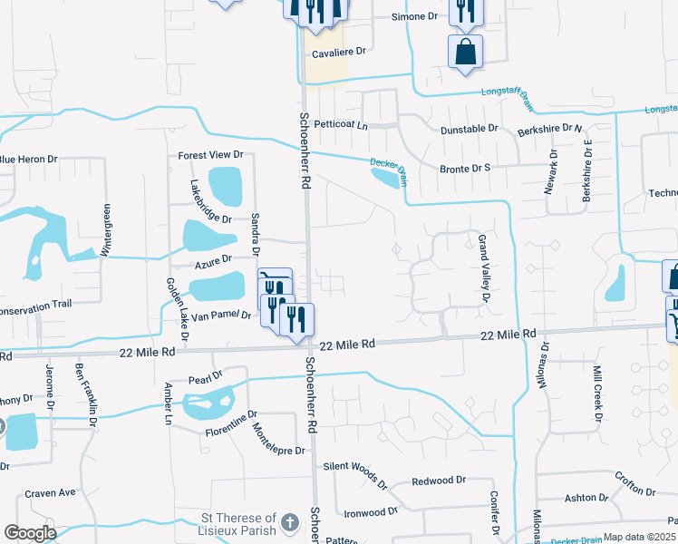 map of restaurants, bars, coffee shops, grocery stores, and more near 13673 Silver Birch Circle in Shelby Township