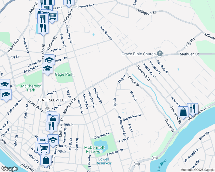 map of restaurants, bars, coffee shops, grocery stores, and more near 28 Easy Street in Lowell