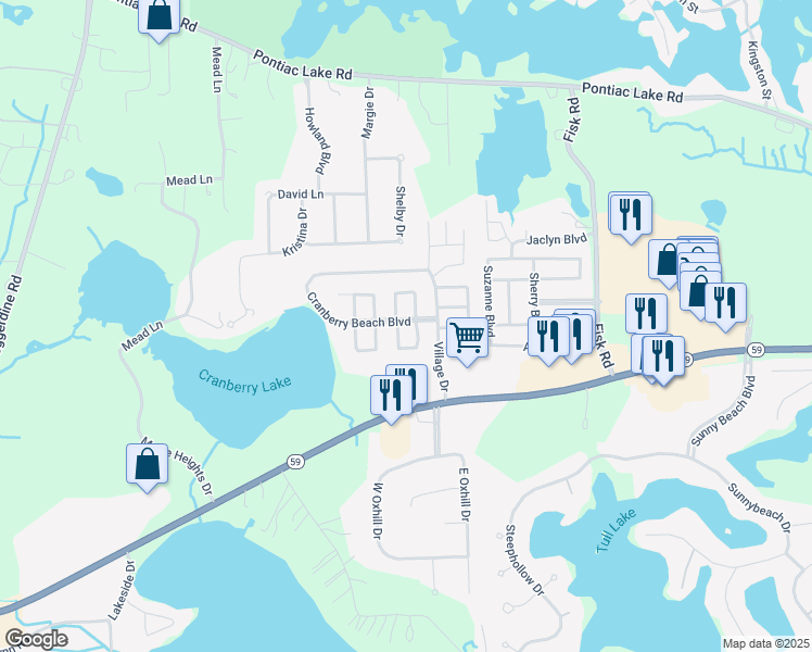 map of restaurants, bars, coffee shops, grocery stores, and more near 73 Cranberry Beach Boulevard in White Lake charter Township