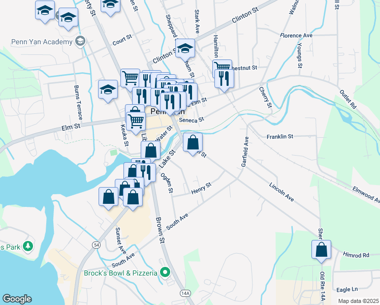map of restaurants, bars, coffee shops, grocery stores, and more near 107 East Main Street in Penn Yan