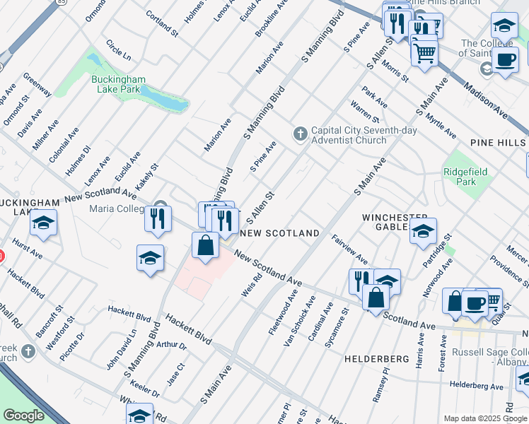 map of restaurants, bars, coffee shops, grocery stores, and more near 271 South Allen Street in Albany