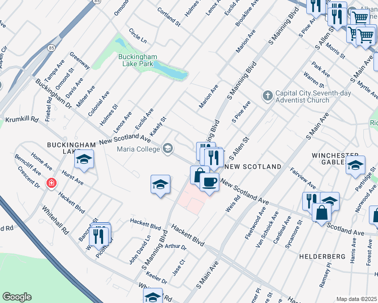 map of restaurants, bars, coffee shops, grocery stores, and more near 2 Greenway South in Albany