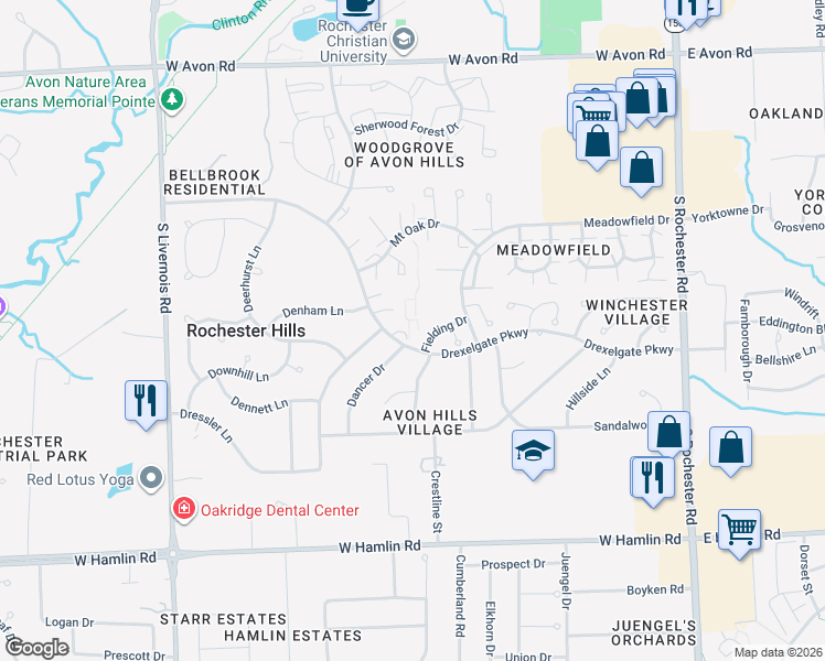 map of restaurants, bars, coffee shops, grocery stores, and more near 1106 Moreland Court in Rochester Hills