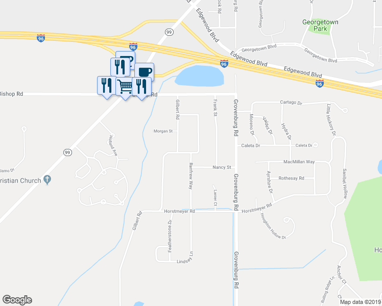 map of restaurants, bars, coffee shops, grocery stores, and more near Halifax Drive in Lansing