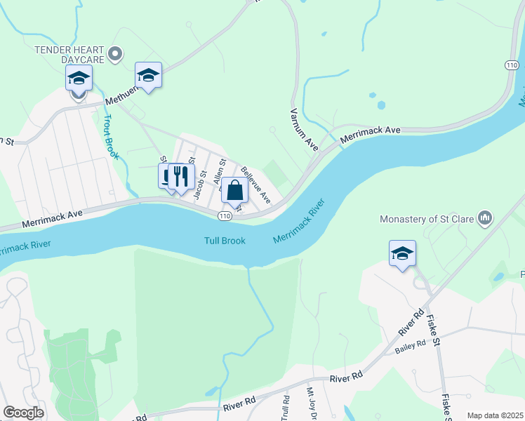 map of restaurants, bars, coffee shops, grocery stores, and more near 756 Merrimack Avenue in Dracut