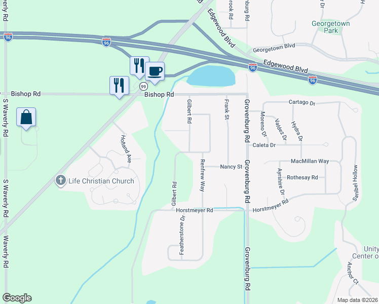 map of restaurants, bars, coffee shops, grocery stores, and more near Halifax Drive in Lansing