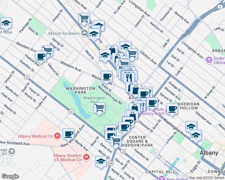 map of restaurants, bars, coffee shops, grocery stores, and more near 461 State Street in Albany