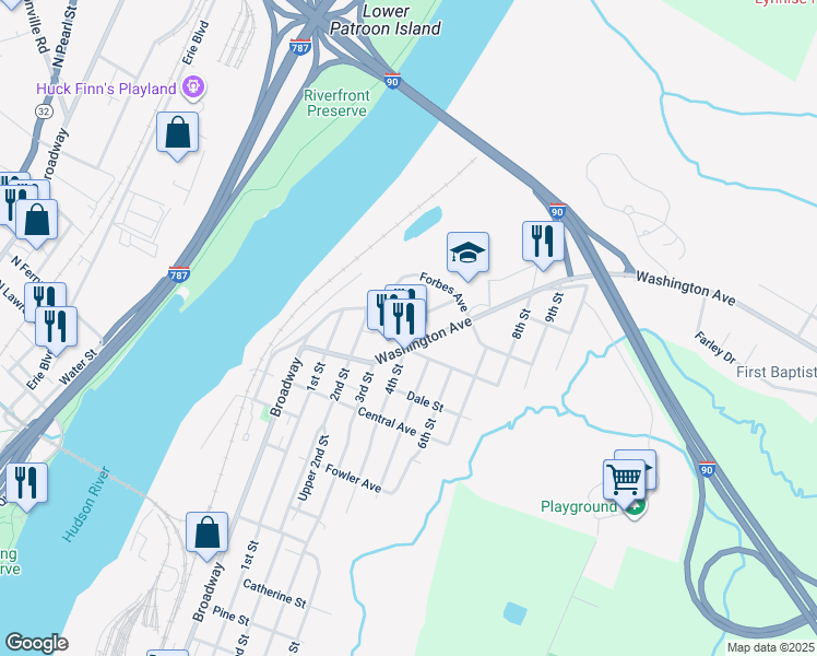 map of restaurants, bars, coffee shops, grocery stores, and more near 1 Patten Ave in Rensselaer