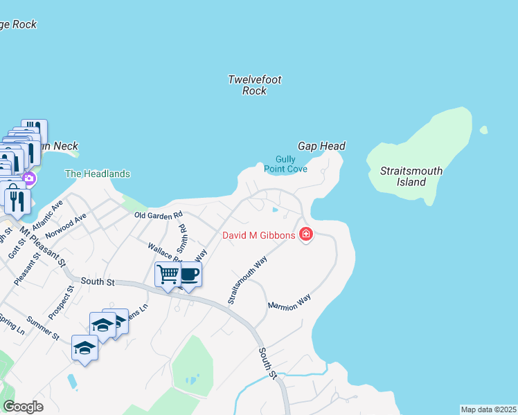 map of restaurants, bars, coffee shops, grocery stores, and more near 3 Pioneer Circle in Rockport
