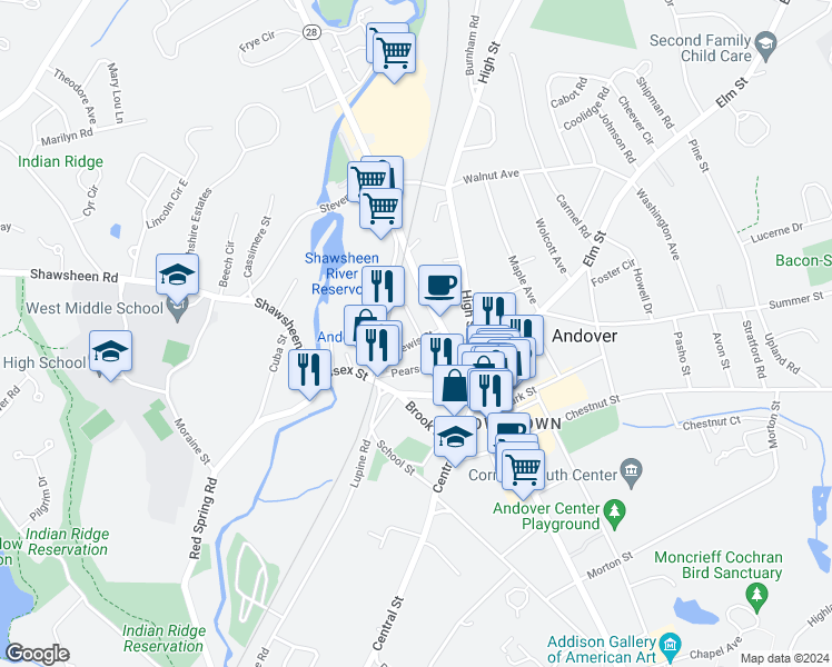 map of restaurants, bars, coffee shops, grocery stores, and more near 2 Buxton Court in Andover