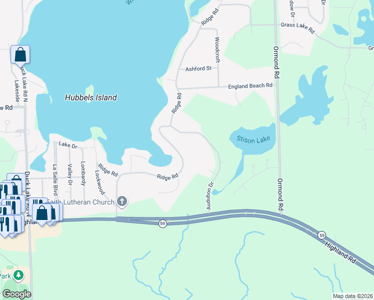 map of restaurants, bars, coffee shops, grocery stores, and more near 1820 Ridge Road in White Lake charter Township