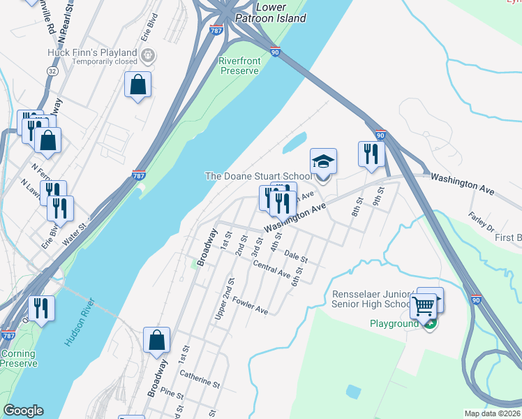 map of restaurants, bars, coffee shops, grocery stores, and more near 1712 2nd Street in Rensselaer