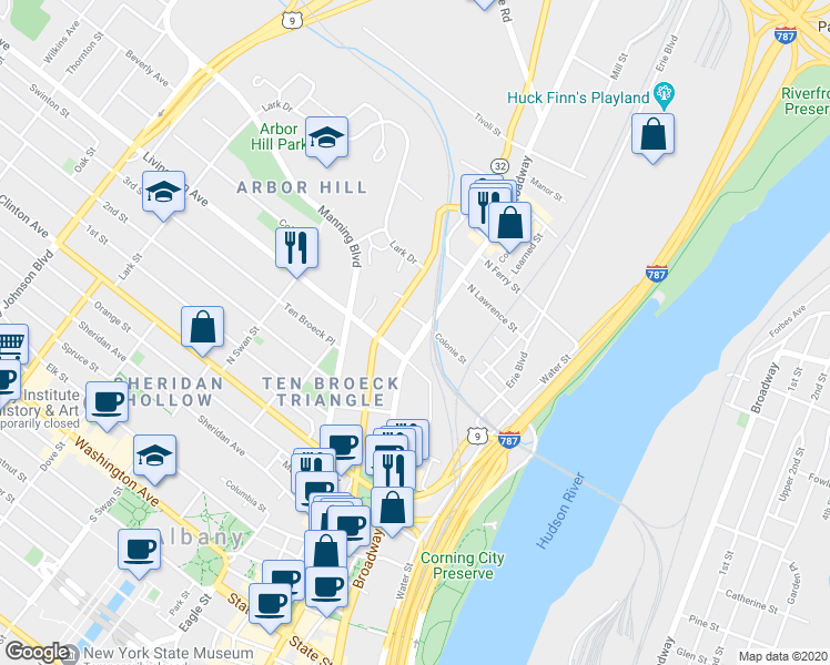 map of restaurants, bars, coffee shops, grocery stores, and more near 816 Broadway in Watervliet