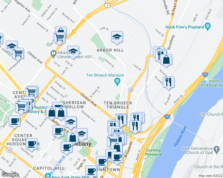 map of restaurants, bars, coffee shops, grocery stores, and more near 22 Ten Broeck Place in Albany