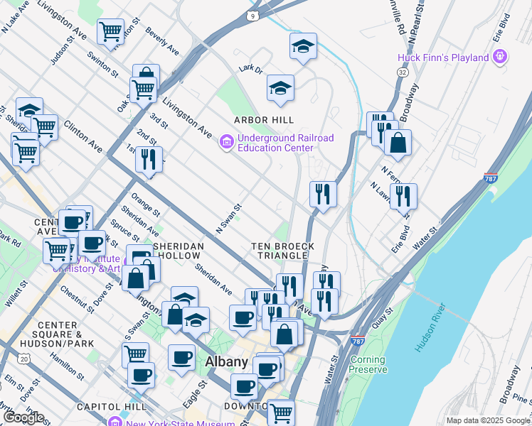 map of restaurants, bars, coffee shops, grocery stores, and more near 22 Ten Broeck Place in Albany
