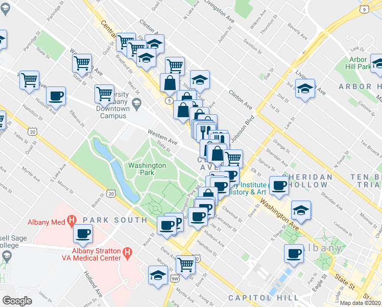 map of restaurants, bars, coffee shops, grocery stores, and more near 294 Washington Avenue in Albany