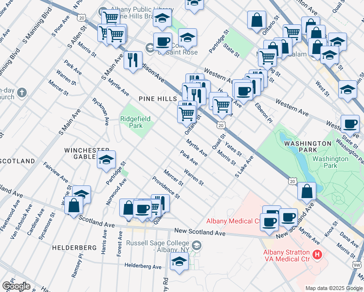 map of restaurants, bars, coffee shops, grocery stores, and more near 642 Myrtle Avenue in Albany