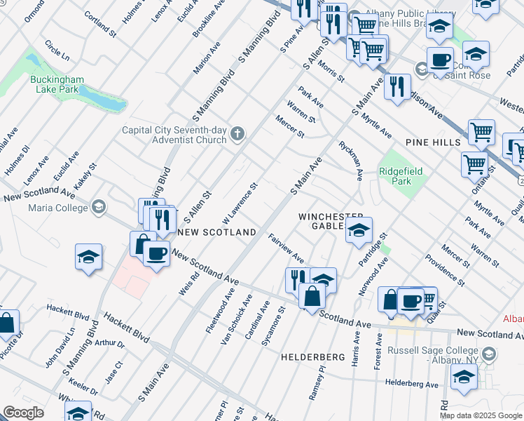 map of restaurants, bars, coffee shops, grocery stores, and more near 4 Amherst Avenue in Albany