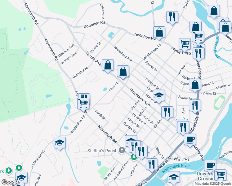 map of restaurants, bars, coffee shops, grocery stores, and more near 142 East Meadow Road in Lowell