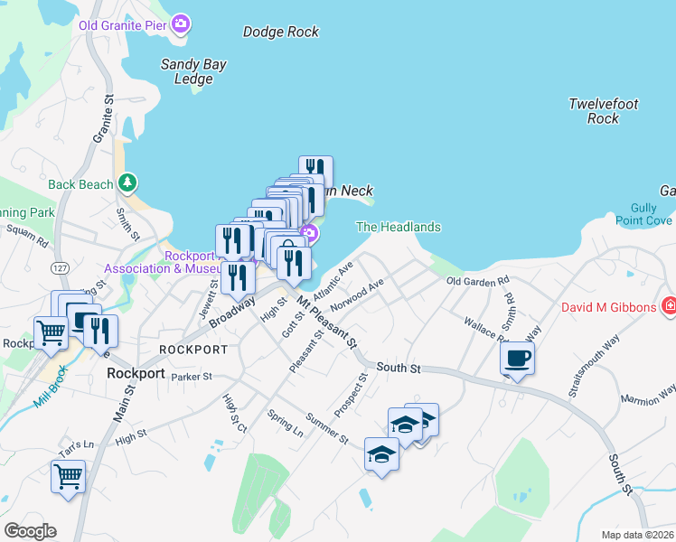 map of restaurants, bars, coffee shops, grocery stores, and more near 15 Atlantic Avenue in Rockport