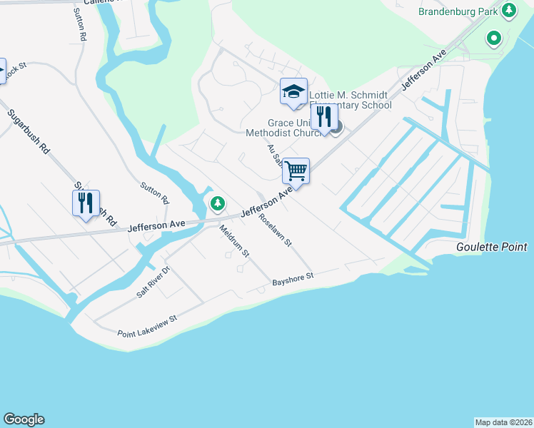 map of restaurants, bars, coffee shops, grocery stores, and more near 33523 Roselawn Street in New Baltimore
