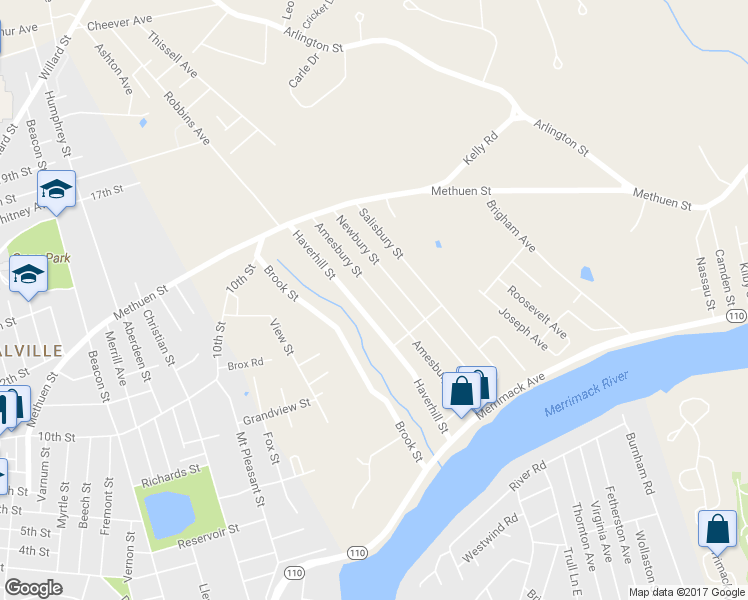 map of restaurants, bars, coffee shops, grocery stores, and more near 120A Amesbury Street in Dracut