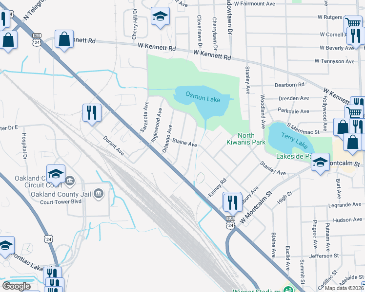 map of restaurants, bars, coffee shops, grocery stores, and more near 782 Pensacola Avenue in Pontiac