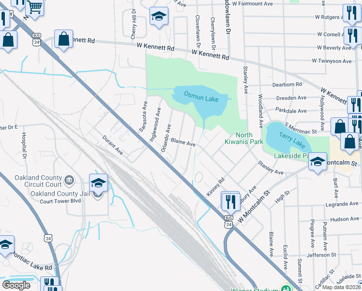 map of restaurants, bars, coffee shops, grocery stores, and more near 782 Pensacola Avenue in Pontiac
