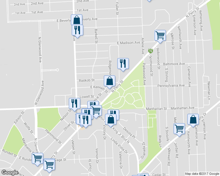 map of restaurants, bars, coffee shops, grocery stores, and more near 960 Spence Street in Pontiac