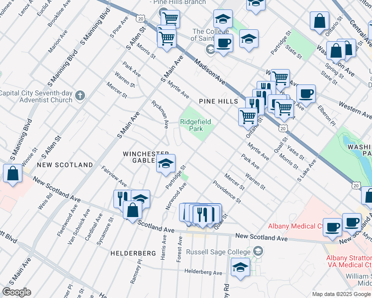 map of restaurants, bars, coffee shops, grocery stores, and more near 180 Ridgefield Street in Albany