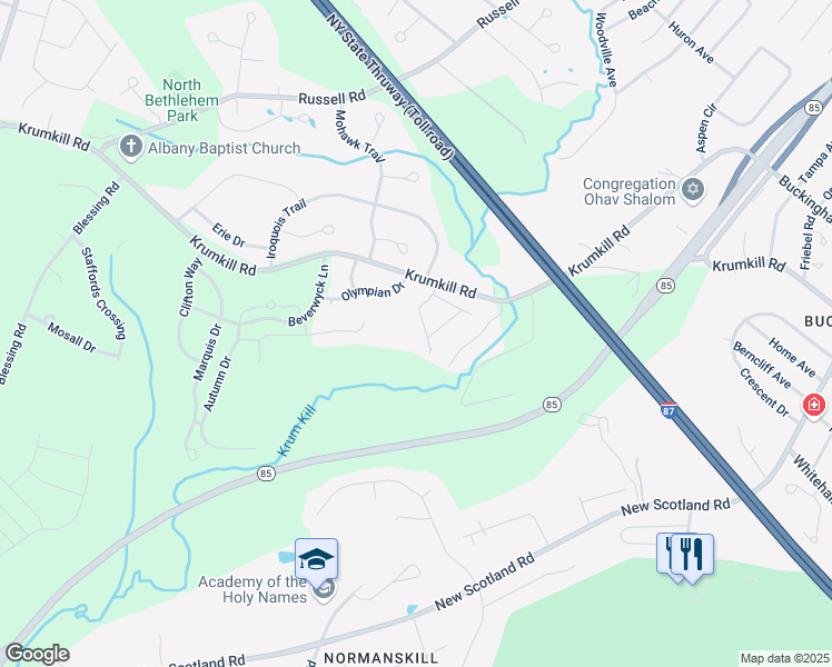 map of restaurants, bars, coffee shops, grocery stores, and more near 25 Yale Avenue in Slingerlands
