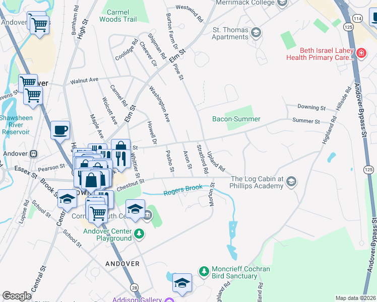 map of restaurants, bars, coffee shops, grocery stores, and more near 6 Avon Street in Andover