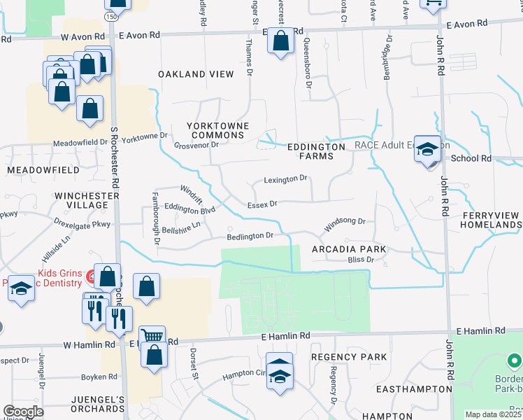 map of restaurants, bars, coffee shops, grocery stores, and more near 444 Essex Drive in Rochester Hills