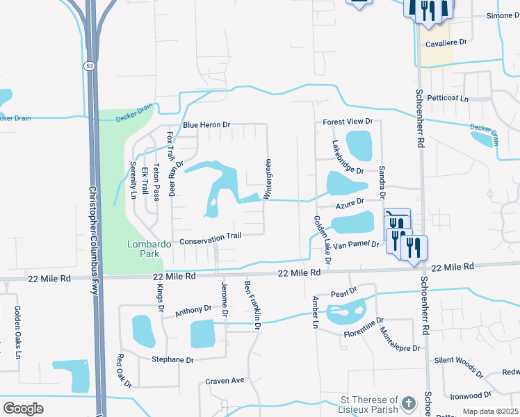 map of restaurants, bars, coffee shops, grocery stores, and more near 49525 Wintergreen in Macomb County