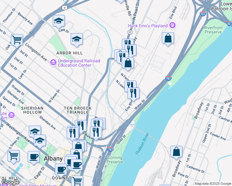 map of restaurants, bars, coffee shops, grocery stores, and more near 833 Broadway in Albany