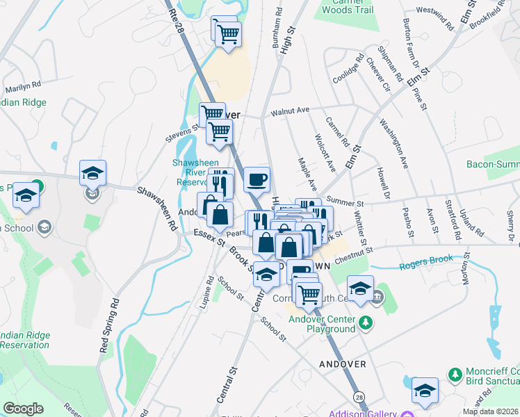 map of restaurants, bars, coffee shops, grocery stores, and more near 59 North Main Street in Andover