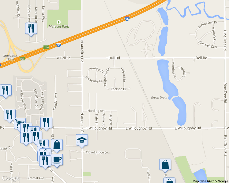map of restaurants, bars, coffee shops, grocery stores, and more near 4387 Keelson Drive in Lansing