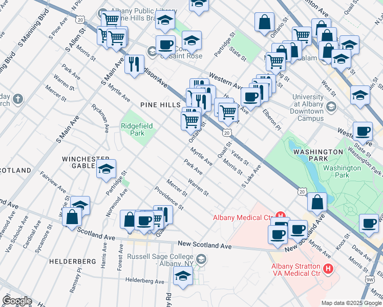 map of restaurants, bars, coffee shops, grocery stores, and more near 642 Myrtle Avenue in Albany
