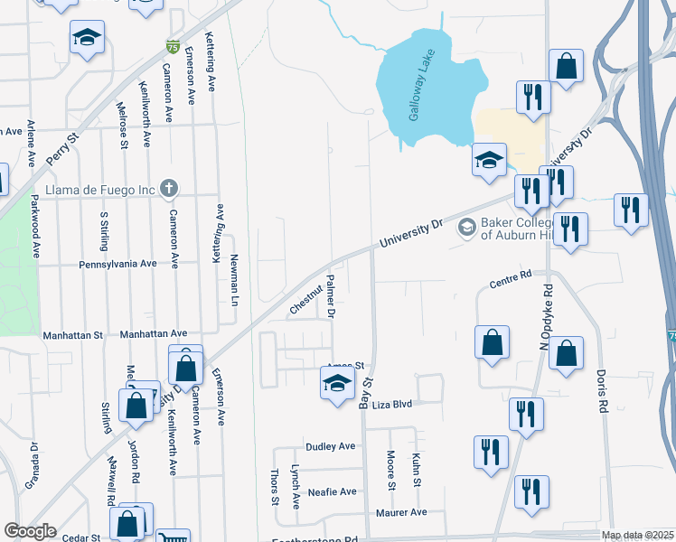 map of restaurants, bars, coffee shops, grocery stores, and more near 694 Palmer Drive in Pontiac