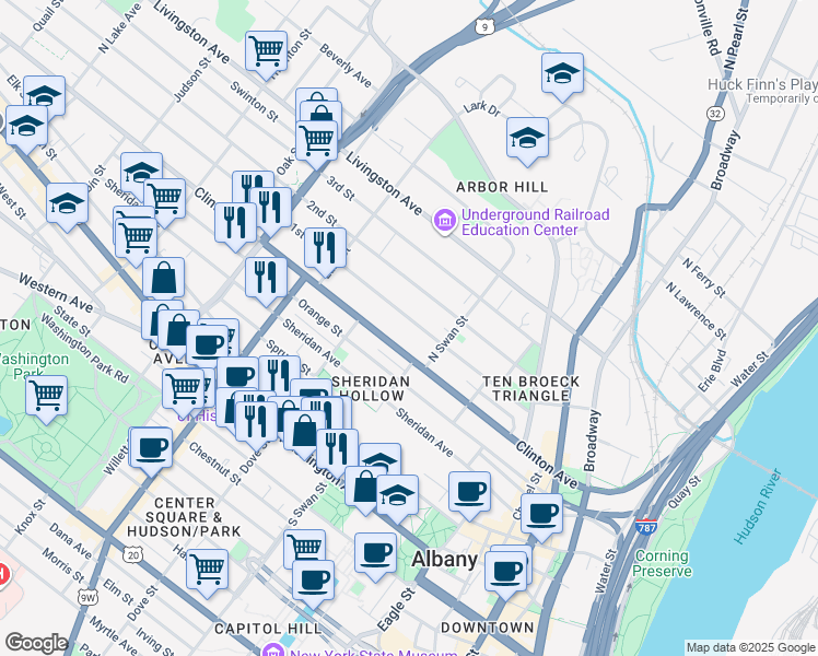 map of restaurants, bars, coffee shops, grocery stores, and more near 201 Clinton Avenue in Albany