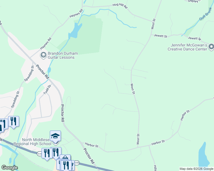 map of restaurants, bars, coffee shops, grocery stores, and more near 4 Wilderness Way in Pepperell