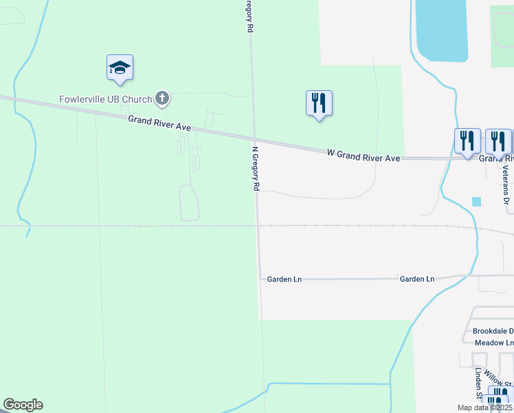 map of restaurants, bars, coffee shops, grocery stores, and more near 4000 North Gregory Road in Fowlerville