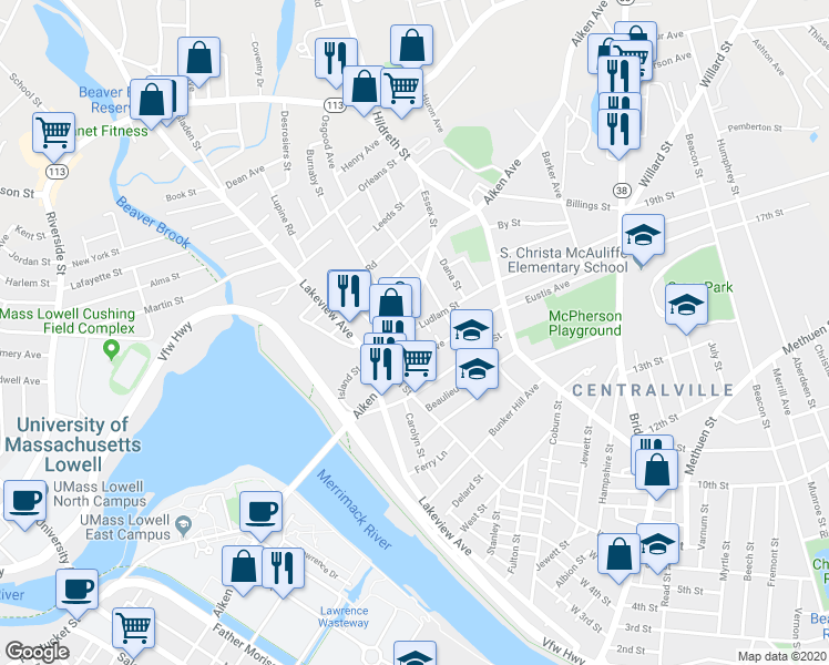 map of restaurants, bars, coffee shops, grocery stores, and more near 236 Ludlam Street in Lowell