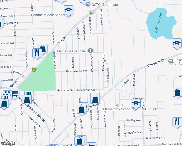 map of restaurants, bars, coffee shops, grocery stores, and more near 735 Cameron Avenue in Pontiac