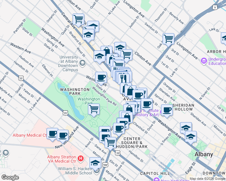 map of restaurants, bars, coffee shops, grocery stores, and more near 302 Washington Avenue in Albany